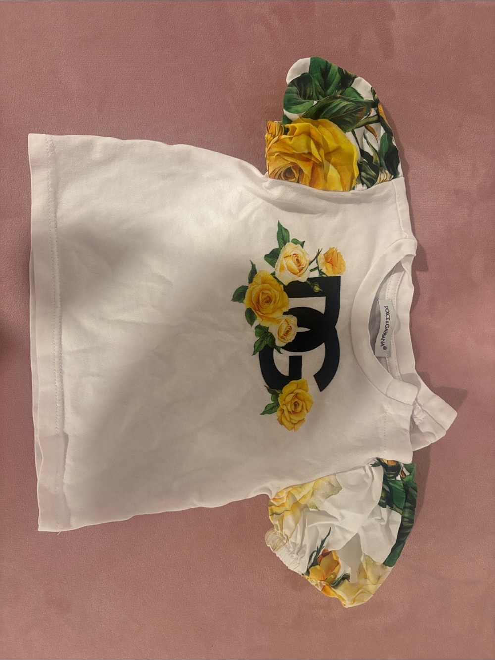 Dolce & Gabbana White Tee with Yellow Rose Logo and Puff Sleeves